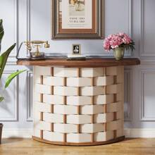 Tribesigns Half Moon Entry Table for Entryway, 47-Inch Vintage Semi Circle Console Sofa Table with Woven Leather Base, Modern Accent Table for Living Room - Trắng & Nâu - Xem 3