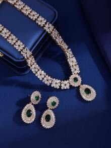 3入組經典立方氧化鋯紅色水滴吊墜項鍊耳環套裝,豪華女士宴會婚禮珠寶 - 藍色 - 查看 7