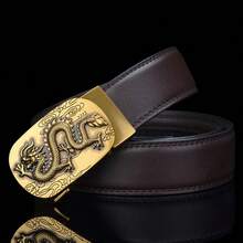 男士皮帶時尚簡約商務自動扣豪華設計黑棕色3.5cm龍紋男式腰帶 - 棕色 - 查看 2