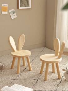 1pc Creative Small Wooden Stool With Rabbit Ear Design For Children To Change Shoes, Hallway. Natural Color, Minimalist Style