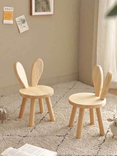 1pc Creative Small Wooden Stool With Rabbit Ear Design For Children To Change Shoes, Hallway. Natural Color, Minimalist Style
