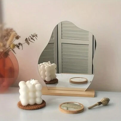 Acrylic Mirror + Wooden Base, Asymmetric Geometric Shape Decorative Mirror, Acrylic Base Exquisite Desktop Makeup Mirror, Wooden Frame Decor, Bedroom Tabletop Dressing Table Vanity Mirror, Home Decoration, Bedroom Accessory, Room Bathroom Decoration Best Gifts Back To School School Supplies