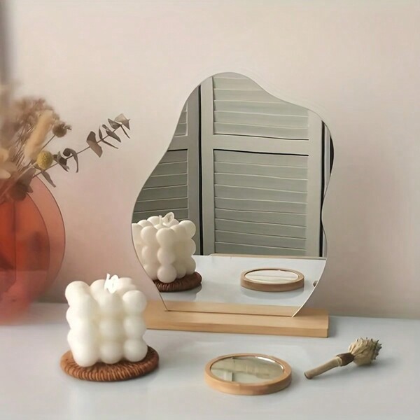 Miroir acrylique + base en bois, miroir décoratif de forme géométrique asymétrique, miroir de maquillage de bureau exquis avec base acrylique, décoration de cadre en bois, miroir de coiffeuse pour table de chambre à coucher, décoration de maison, accessoire de chambre, décoration de salle de bain, meilleurs cadeaux
