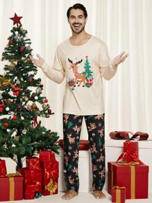 男士圣诞亲子睡衣套装（2件套），包含一件印有小鹿和圣诞树图案的长袖上衣和一条长裤，适合节日休闲穿着，秋冬季服装。 - 杏色 - 查看 4