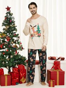 男士圣诞亲子睡衣套装（2件套），包含一件印有小鹿和圣诞树图案的长袖上衣和一条长裤，适合节日休闲穿着，秋冬季服装。 - 杏色 - 查看 5