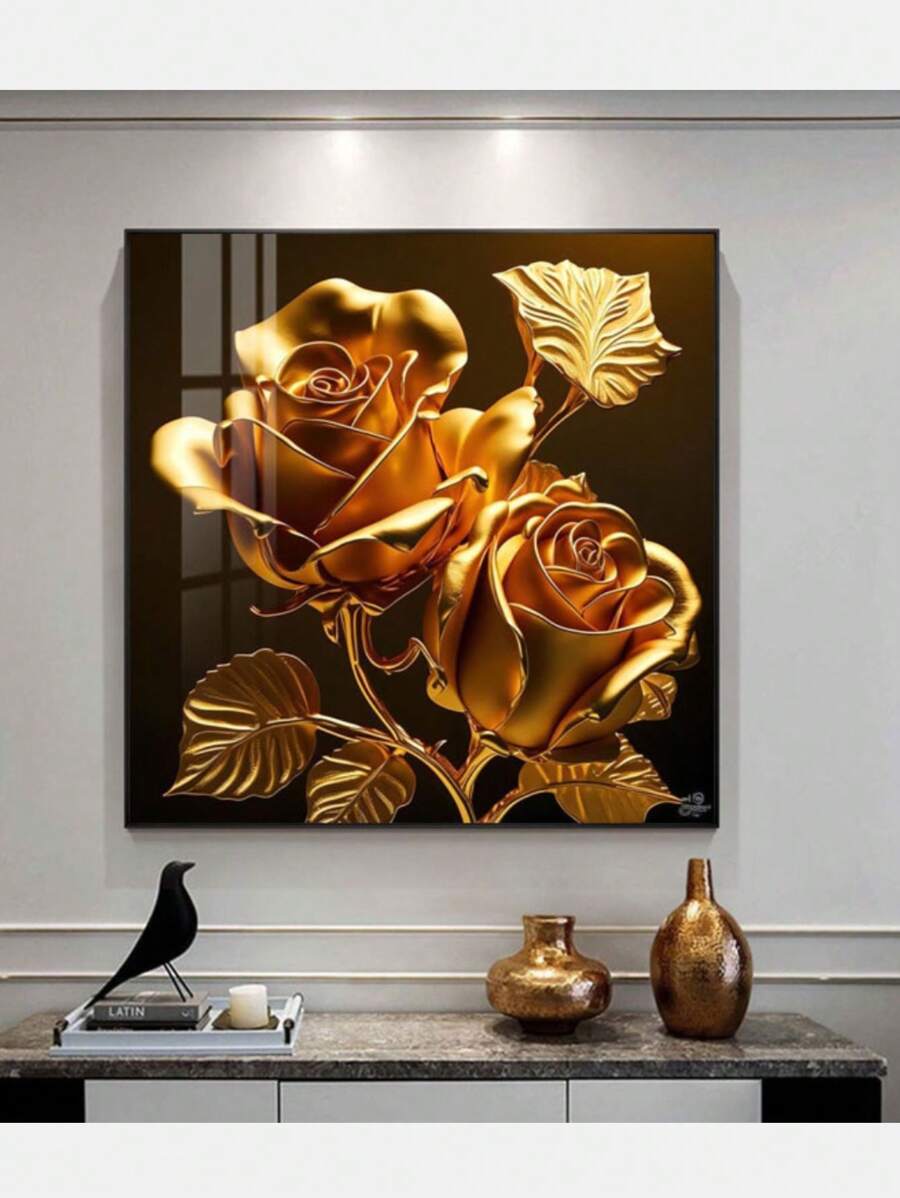 1PC Golden Rose Gorgeous pattern decoration canvas painting, borderless living room wall hanging bedroom dormitory home decoration,  wall art pictures, gifts for her/him - Black - View 1