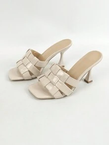 女士手織極簡風帶狀涼鞋,中空鞋跟,性感時尚,方頭pu扁拖鞋,杏色 - 杏色 - 查看 7