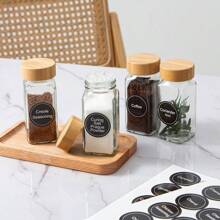 12Pcs Glass Spice Jars with Labels - Square Spice Bottles Containers, Condiment Pot - Shaker Lids and Wooden lid - Silicone Collapsible Funnel Included - Brown - View 10