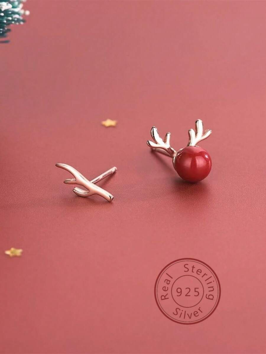 2件時尚925純銀非對稱麋鹿耳釦christmas 聖誕禮物麋鹿耳釦適合女士日常佩戴