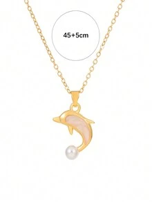 1個時尚簡約高端設計金屬海豚吊墜珍珠裝飾鎖骨項鍊,適用於女性 - 金色 - 查看 3