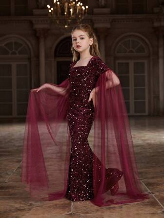 Tween Girl Sparkly Mermaid formell klänning med fyrkantig halsringning, golvlång och skira långa ärmar