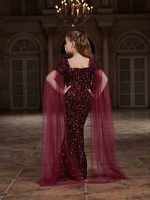 Tween Girl Sparkly Mermaid Formal Dress Featuring A Square Neckline, Floor-Length And Sheer Long Sleeves