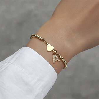 1入 pave 鋯石A-Z字母刻印心形手鏈，可調節珠鏈手鏈，女士手鏈