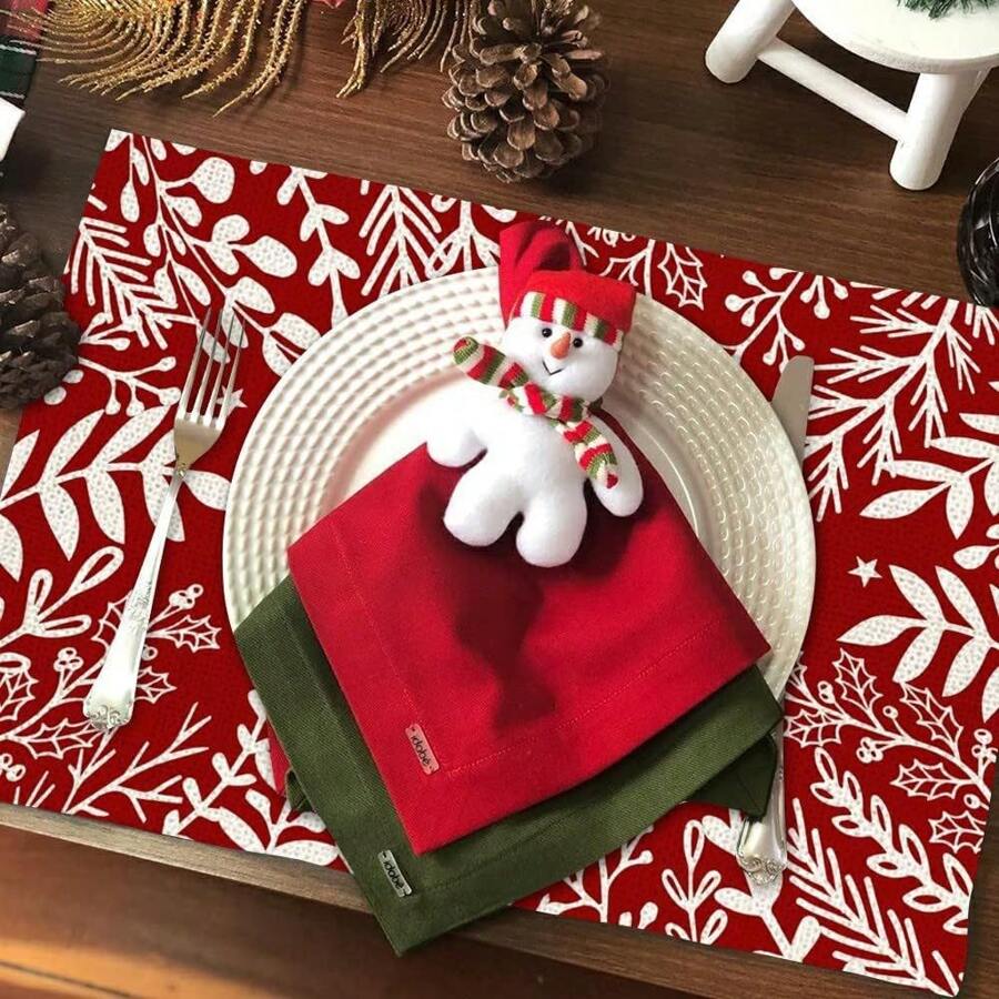 1pc Pine Needle & Lines Pattern Placemat For Christmas And New Year Table Decor - Red - View 1