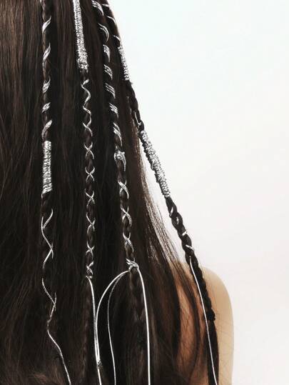 10条银线弹力编织装饰发绳朋克街头Y2K女士化妆节派对发饰波西米亚风发带头巾发箍吸汗带，秋冬度假装扮女士优雅围巾女士头巾柔软头巾