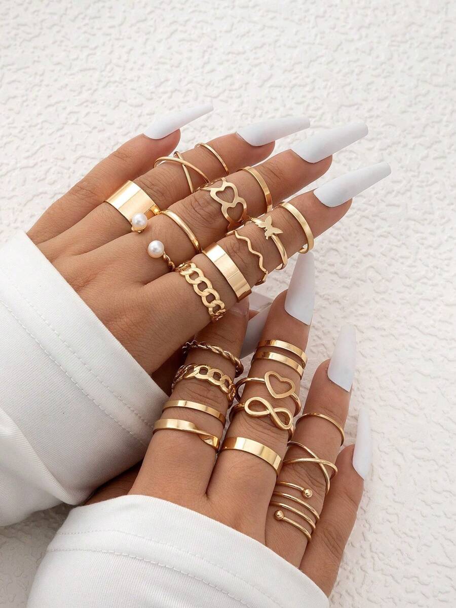 23入組簡約合金蝴蝶、心形、人造珍珠、扭曲、開放式女戒指,適合約會的完美禮物