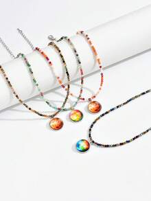 1條時尚多彩和棕色圓形吊墜水晶串珠項鍊,適合女孩和女性日常穿著和旅行