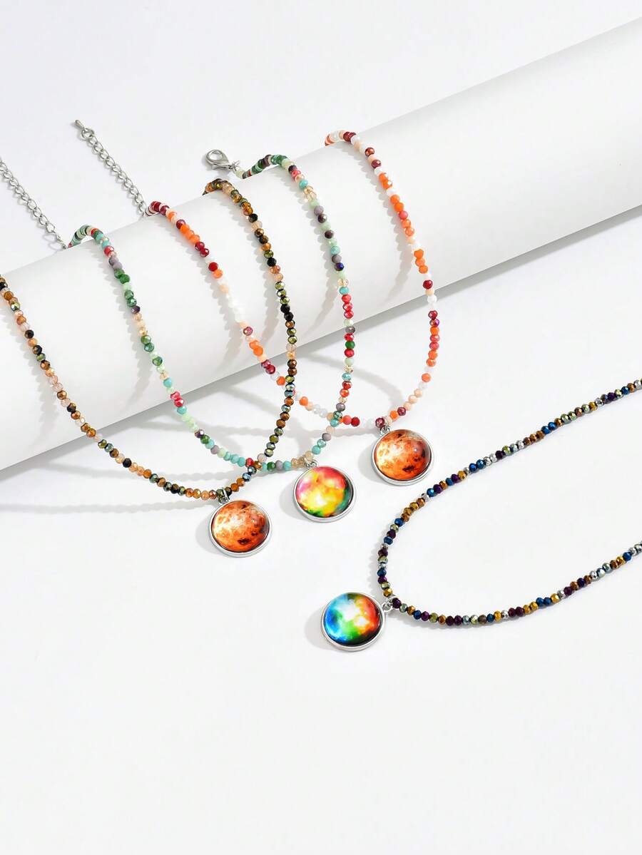 1條時尚多彩和棕色圓形吊墜水晶串珠項鍊,適合女孩和女性日常穿著和旅行