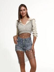 Women Mesh Body Chains Rhinestone Long Sleeve Crystal See Through Cover up Crop Tops Fishnet Bikini - Multicolor - View 10