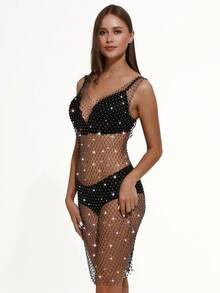 Women Mesh Body Chains Rhinestone Long Sleeve Crystal See Through Cover up Crop Tops Fishnet Bikini - Multicolor - View 5