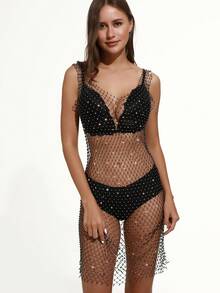 Women Mesh Body Chains Rhinestone Long Sleeve Crystal See Through Cover up Crop Tops Fishnet Bikini - Multicolor - View 8