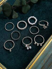 9套新的外貿歐美蝴蝶鑽戒混合批發珍珠戒指女生熱門的聯合戒指套裝 - 9件套裝 - 查看 2