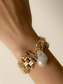 Pearl Pendant Bracelet - Gold - View 2