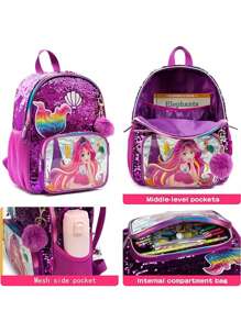 13英寸亮片人魚可愛幼稚園背包小童學齡前學校書包明亮的彩色區塊設計,耐用實用的材料,適合學校、露營、生日禮物、鉛筆袋背包 - 紫羅蘭色 - 查看 3