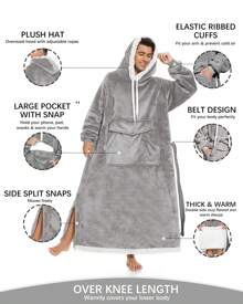 1pc Wearable Blanket Hoodie For Women, Long Sherpa Fleece Wearable Blanket, Oversized Cozy Warm Sweatshirt Blanket With Pocket & Belt As Gifts For Adults, Valentine's Day Gifts - Light Grey - View 5