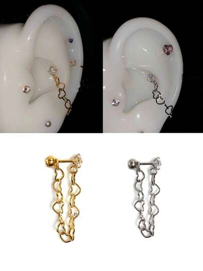 1pc Heart Chain Conch Piercing With Zirconia Flat Piercing Stainless Steel Ear Piercing Cartilage Earring Body Piercing Ear Stack Valentines,Mom,Mother,Mother's Day,Gift