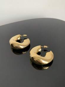 欧美风金属镂空C型圆形耳环高端简约不对称光面铜镀金耳饰 - 銀色 - 查看 6