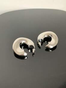 欧美风金属镂空C型圆形耳环高端简约不对称光面铜镀金耳饰 - 銀色 - 查看 9