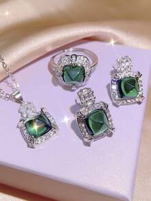 Luxury Quality 3pcs/Set Green Gemstone Jewelry Set With Emerald Cut Green Gem, Carbon Rhinestone And Colorful Gem - necklace - View 4