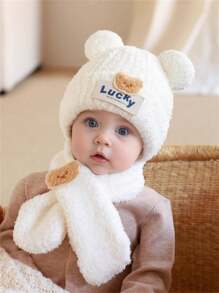 3-24 Months Baby Warm Hat & Scarf 2 Pieces Set, Cute Windproof Thick Plush Beanie For Infant Boys & Girls, Autumn/Winter - White - View 11