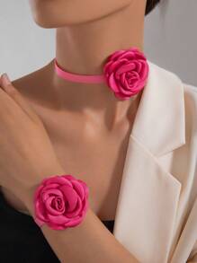 imoli 2 Stücke/Set einfach und frisch Polyester 3D Blumen Armband & Choker Halskette Schmuckset, perfekt als Geschenk für Frauen zum Abend, Valentinstag, Mutter, Muttertag