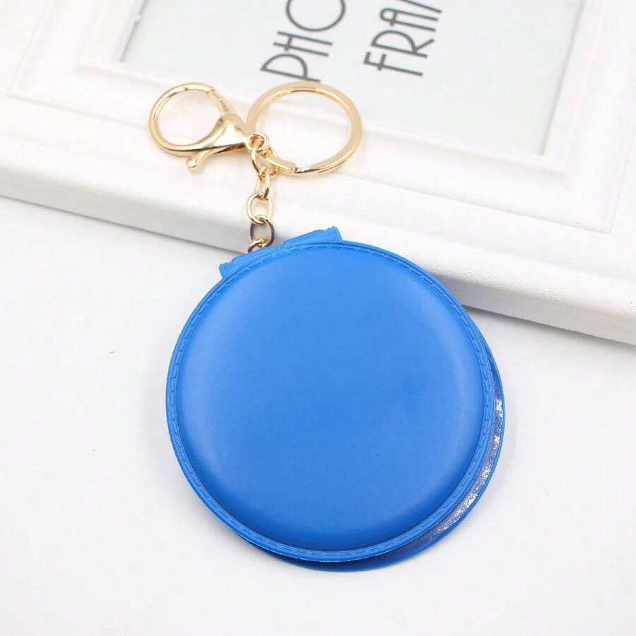 Fashionable Pu Makeup Mirror With Keychain, Double-Sided Foldable Mirror, Fur Ball Bag Pendant - Blue - View 1