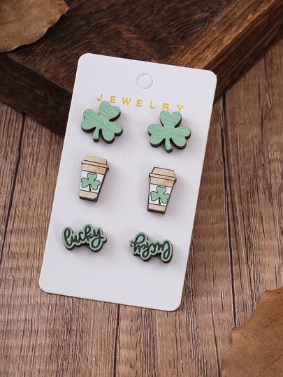 KWHY 3 Pairs/Set Fashionable Wooden Clover Stud Earrings Set, Suitable For Women To Wear On St. Patrick's Day