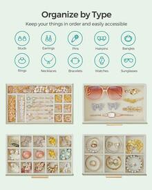 SONGMICS Jewelry Box With Glass Lid, 4-Layer Jewelry Organizer, 3 Drawers, For Sunglasses, Big Jewelry, Jewelry Storage, Modern Style, Gift, Graphite Black, Cloud White, Laurel Green - 薄荷綠 - 查看 2