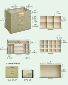 SONGMICS Jewelry Box With Glass Lid, 4-Layer Jewelry Organizer, 3 Drawers, For Sunglasses, Big Jewelry, Jewelry Storage, Modern Style, Gift, Graphite Black, Cloud White, Laurel Green - 薄荷綠 - 查看 4