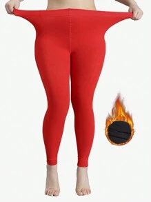 1pc Women's Thermal Lined Plus Size Cropped Tights, Thickened & Warm, Autumn/Winter - Red - View 1