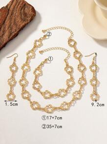 4 件时尚简约镂空三叶草花项链手链耳环首饰套装，优雅百搭的礼物 - 金黃色 - 查看 4