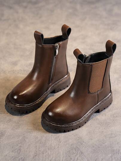 1 Par Botines Planos De Niños De Piel Sintética Con Remiendo, Suelas Antideslizantes Y Resistentes Al Desgaste Para Primavera Y Otoño