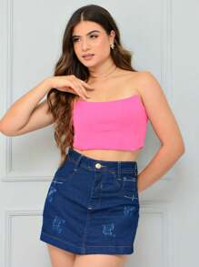 Women Denim Shorts - 中等水洗藍 - 查看 3