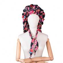 ZTZI 柔軟光滑的花卉印花長絲緞睡帽,針對自然捲髮和卷曲髮型,超大號碼配寬鬆緊帶,提供舒適的夜間睡眠 - 黑色 - 查看 1