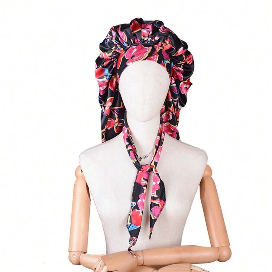 ZTZI 柔軟光滑的花卉印花長絲緞睡帽,針對自然捲髮和卷曲髮型,超大號碼配寬鬆緊帶,提供舒適的夜間睡眠 - 黑色 - 查看 1