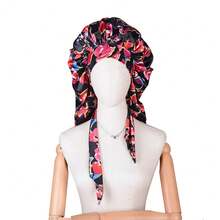 ZTZI 柔軟光滑的花卉印花長絲緞睡帽,針對自然捲髮和卷曲髮型,超大號碼配寬鬆緊帶,提供舒適的夜間睡眠 - 黑色 - 查看 5