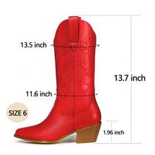 MUCCCUTE Women's Cowgirl Embroidered Western Cowboy Boots, Mid Calf Booties Pointed Toe Chunky Heel 5cm Pull On Fashion Design Western Boots For Ladies, Party And Outdoor - 紅色 - 查看 3