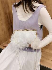 قطعة واحدة من حقيبة اليد المزينة بشعيرات وتصميم اللؤلؤ الاصطناعي، حقيبة كتف مع سلسلة للحفلات والاستخدام اليومي، تتسع لهاتف و محفظة و مستحضرات التجميل، حقيبة سهرة أنيقة مزودة باللؤلؤ