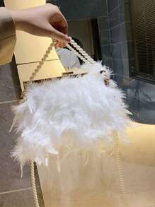 قطعة واحدة من حقيبة اليد المزينة بشعيرات وتصميم اللؤلؤ الاصطناعي، حقيبة كتف مع سلسلة للحفلات والاستخدام اليومي، تتسع لهاتف و محفظة و مستحضرات التجميل، حقيبة سهرة أنيقة مزودة باللؤلؤ