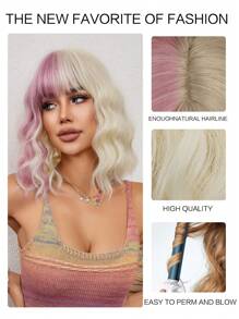 白色和粉色半拉麵短髮假髮與劉海,高溫纖維合成髮假髮動漫cosplay假髮聖誕派對14英寸